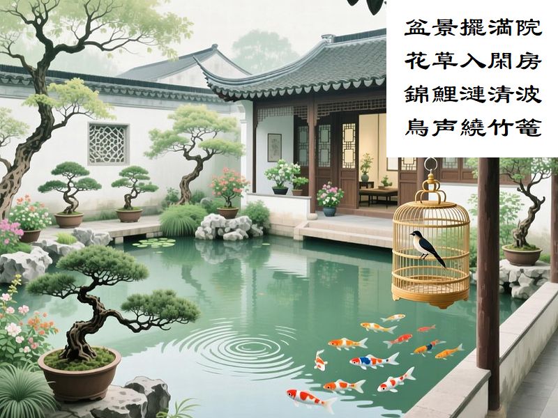 盆景擺満院,花草入閑房,錦鯉漣清波,鳥声繞竹篭