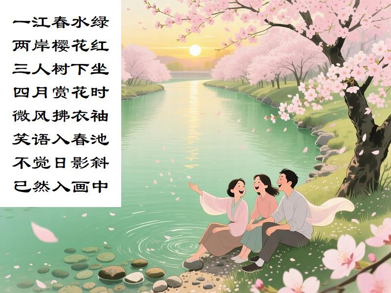 一江春水緑,両岸桜花紅,三人樹下坐,四月賞花時,微風払衣袖,笑語入春池,不覚日影斜,已然入画中