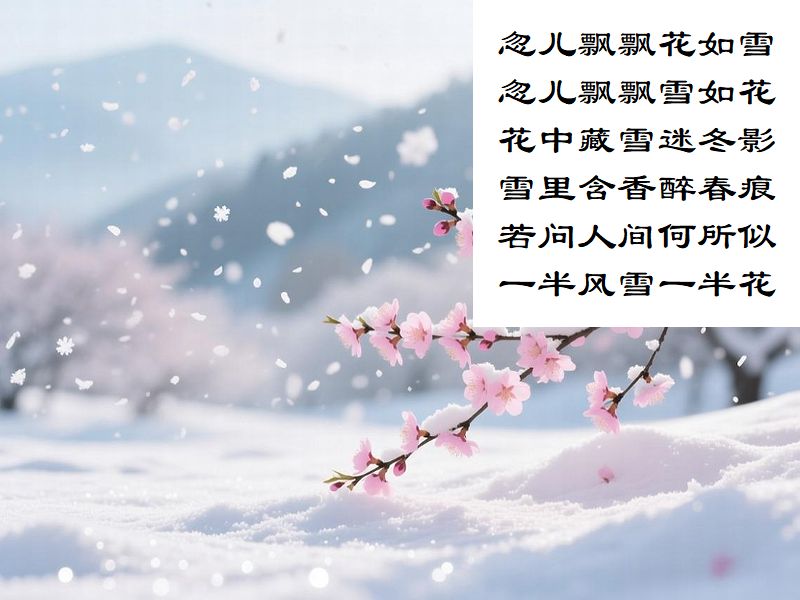 忽儿飄飄花如雪,忽儿飄飄雪如花,花中蔵雪迷冬影,雪里含香醉春痕,若問人間何所似,一半風雪一半花