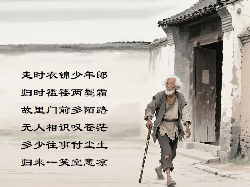 走時衣錦少年郎,帰時襤褸両鬢霜,故里門前多陌路,無人相識嘆蒼茫,多少往事付塵土,帰来一笑空悲凉