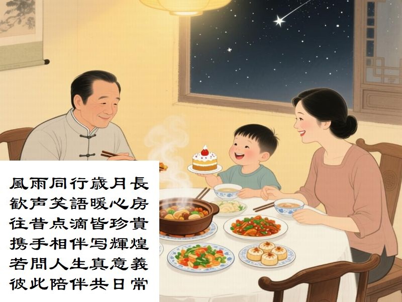 風雨同行歳月長,歓声笑語暖心房,往昔点滴皆珍貴,携手相伴写輝煌,若問人生真意義,彼此陪伴共日常
