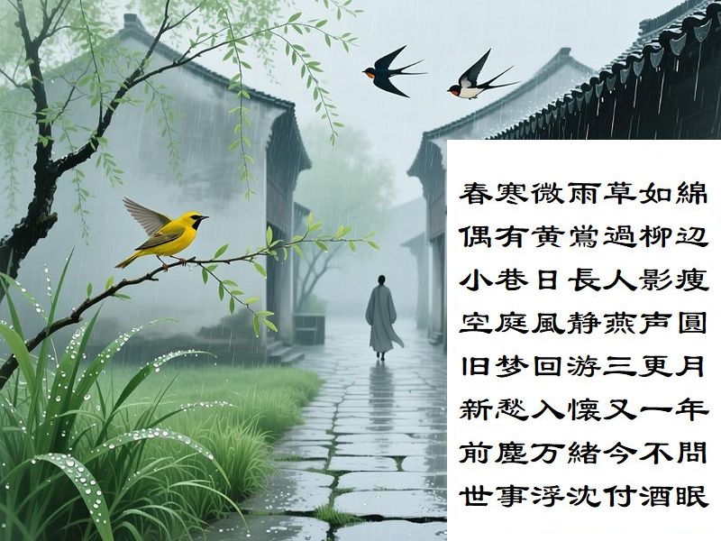 春寒微雨草如綿,偶有黄鴬過柳辺,小巷日長人影痩,空庭風静燕声圓,旧梦回游三更月,新愁入懐又一年,前塵万緒今不問,世事浮沈付酒眠