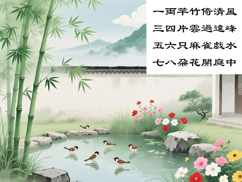 一両竿竹倚清風,三四片雲過遠峰,五六只麻雀戯水,七八朶花開庭中
