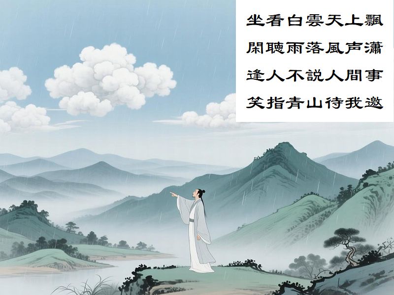 坐看白雲天上飄,閑聴雨落風声瀟,逢人不説人間事,笑指青山待我邀