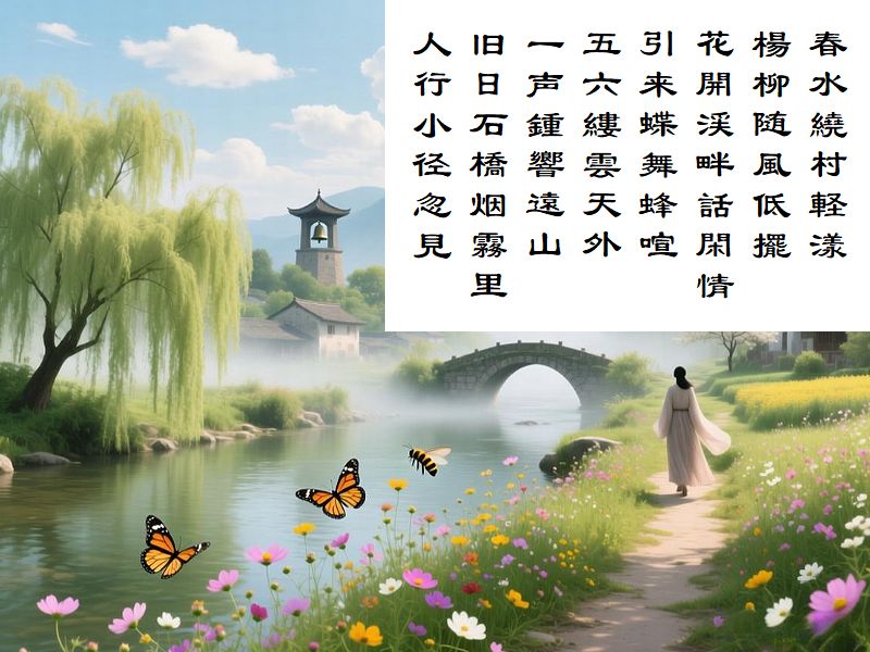 春水繞村軽漾,楊柳随風低擺,花開渓畔話閑情,引来蝶舞蜂喧,五六縷雲天外,一声鍾響遠山,旧日石橋烟霧里,人行小径忽見