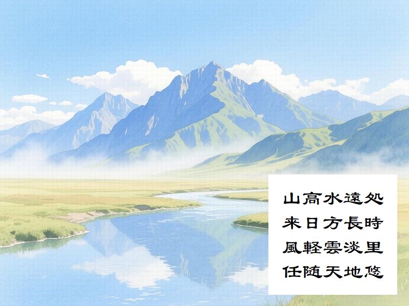 山高水遠処,来日方長時,風軽雲淡里,任随天地悠