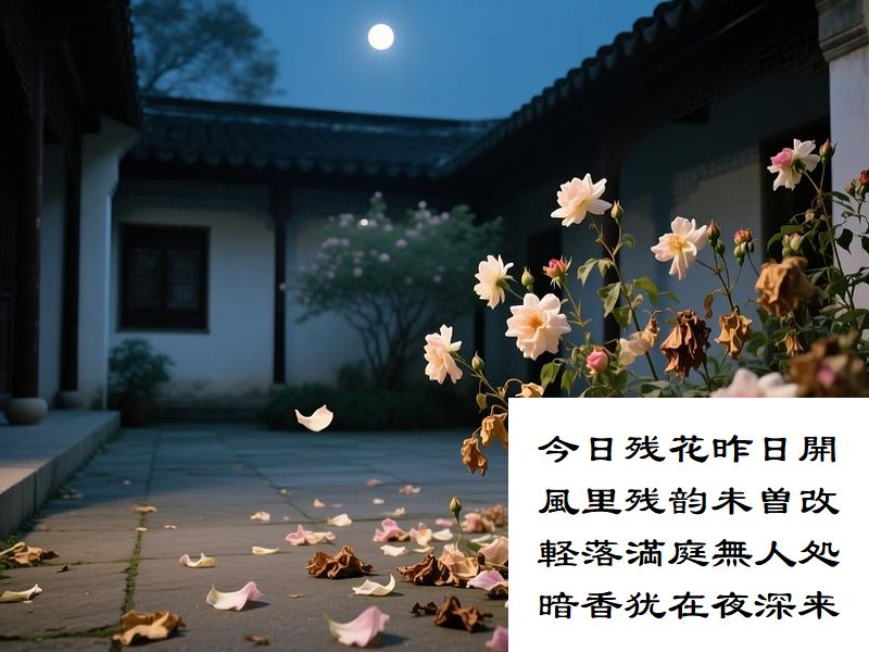 今日残花昨日開,風里残韵未曽改,軽落満庭無人処,暗香犹在夜深来