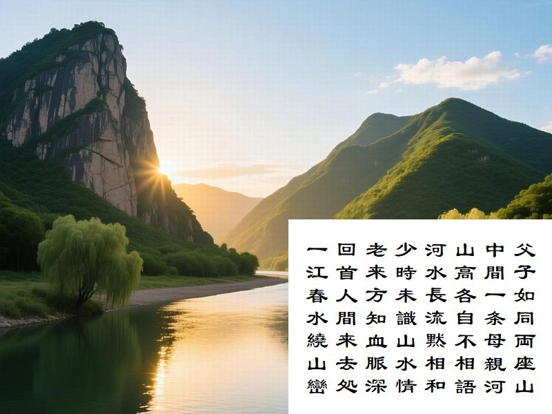 父子如同両座山，中間一条母親河，山高各自不相語，河水長流黙相和，少時未識山水情，老来方知血脈深，回首人間来去処，一江春水繞山巒