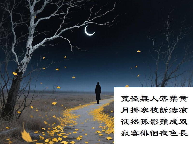 荒径無人落葉黄，月掛寒枝訴淒凉，徒然孤影難成双，寂寞徘徊夜色長