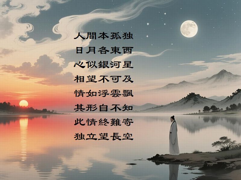 人間本孤独，日月各東西，心似銀河星，相望不可及，情如浮雲飄，其形自不知，此情終難寄，独立望長空