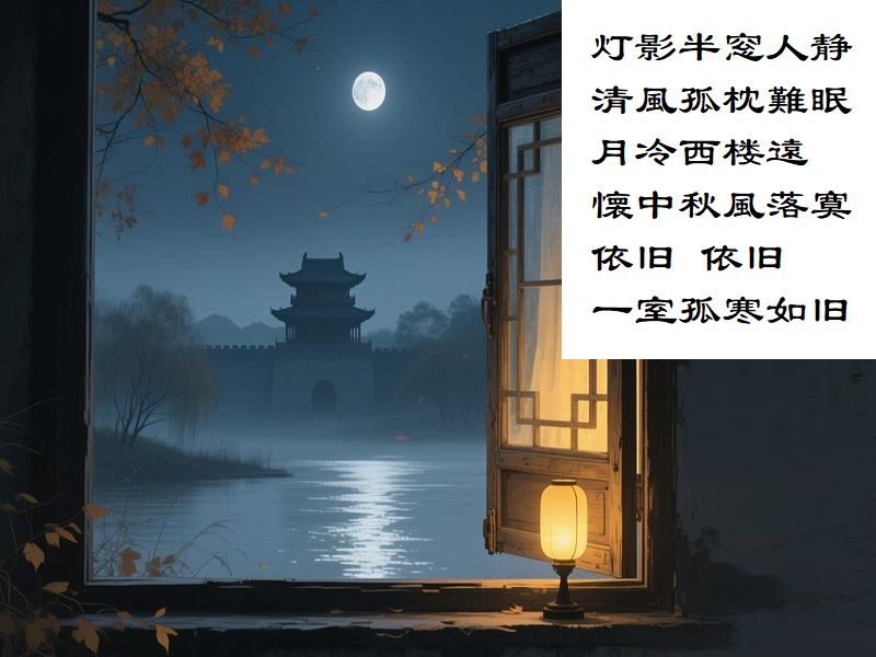灯影半窓人静，清風孤枕難眠，月冷西楼遠，懐中秋風落寞，依旧，依旧，一室孤寒如旧
