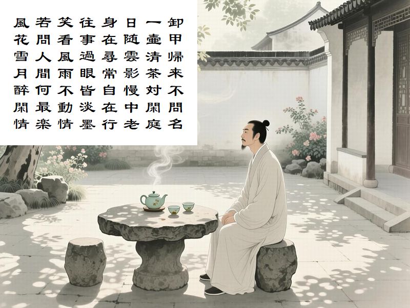卸甲帰来不問名，一壷清茶対閑庭，日随雲影慢中老，身在尋常自在行，往事過眼皆淡墨，笑看風雨不動情，若問人間何最楽，風花雪月醉閑情