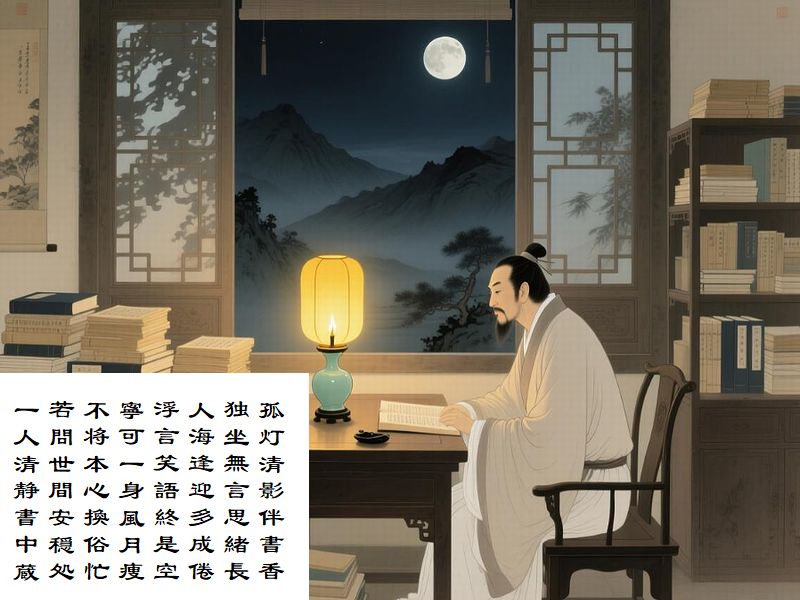 孤灯清影伴書香，独坐無言思緒長，人海逢迎多成倦，浮言笑語終是空，寧可一身風月痩，不将本心換俗忙，若問世間安穏処，一人清静書中蔵