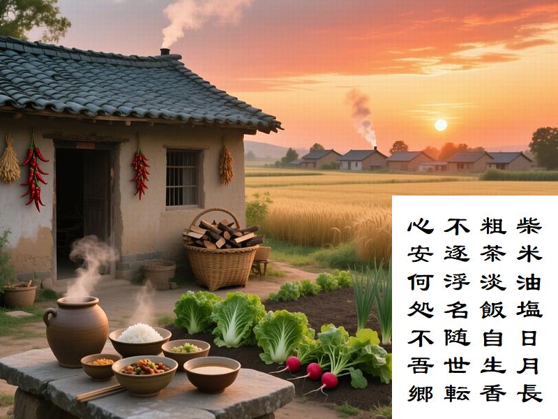 柴米油塩日月長，粗茶淡飯自生香，不逐浮名随世転，心安何処不吾郷