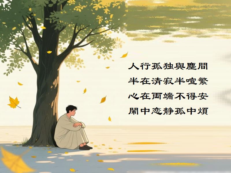 人行孤独與塵間，半在清寂半喧繁，心在両端不得安，閙中恋静孤中煩