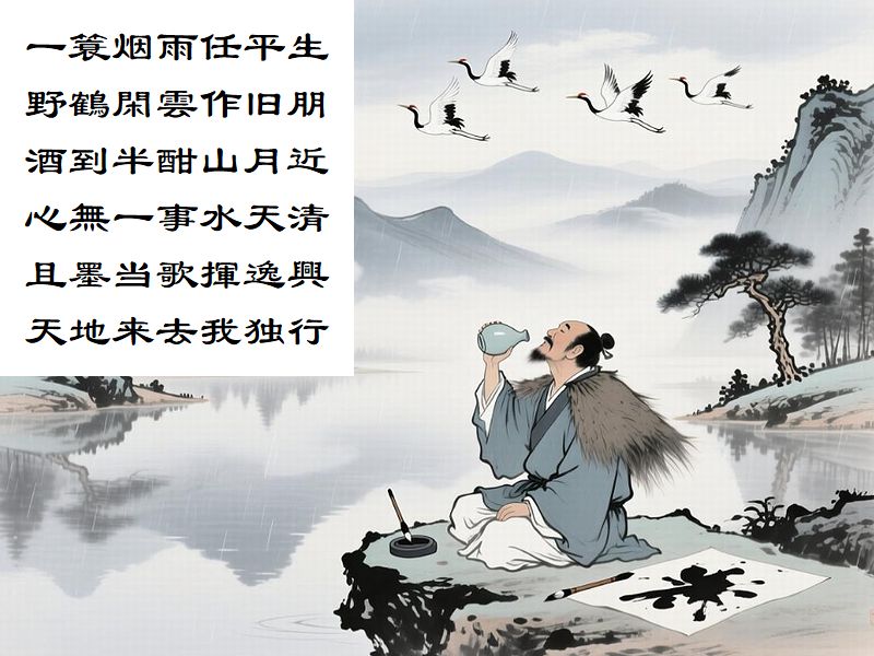 一簑烟雨任平生，野鶴閑雲作旧朋，酒到半酣山月近，心無一事水天清，且墨当歌揮逸興，天地来去我独行