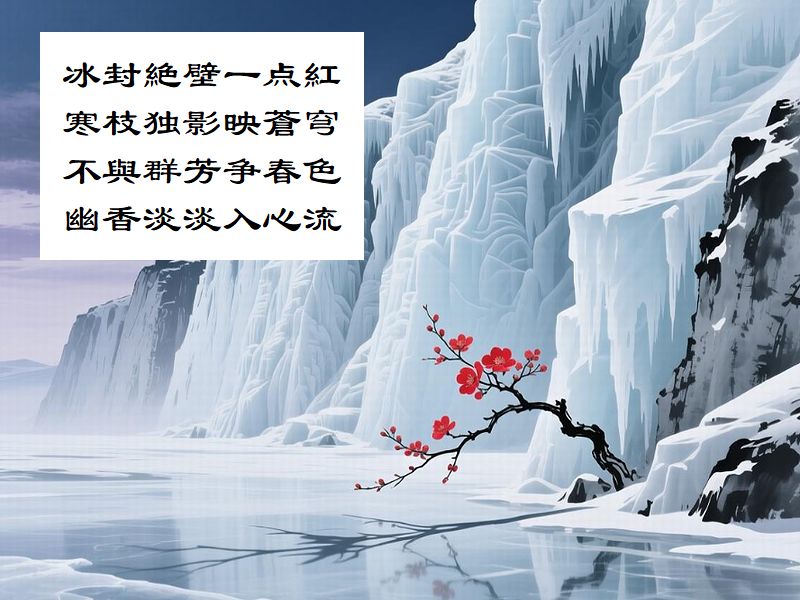 冰封絶壁一点紅，寒枝独影映蒼穹，不與群芳争春色，幽香淡淡入心流