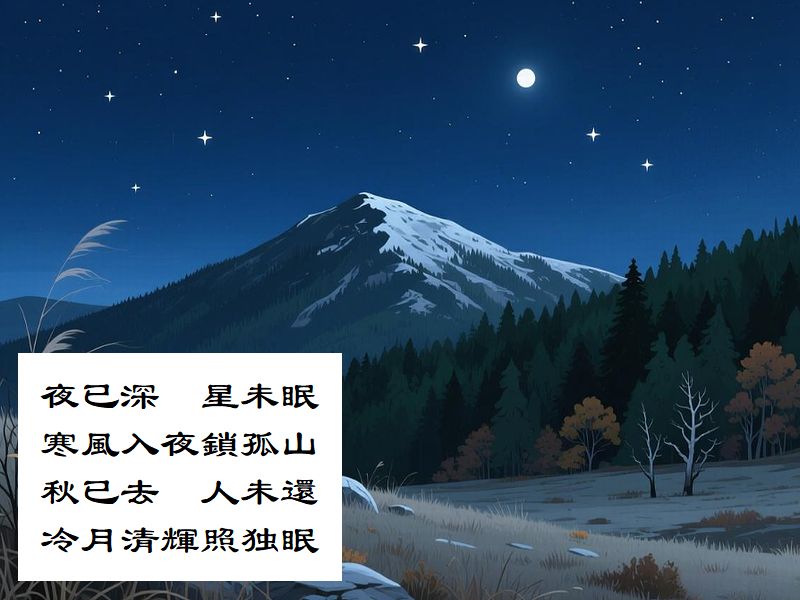 夜已深，星未眠，寒風入夜鎖孤山，秋已去，人未還，冷月清輝照独眠