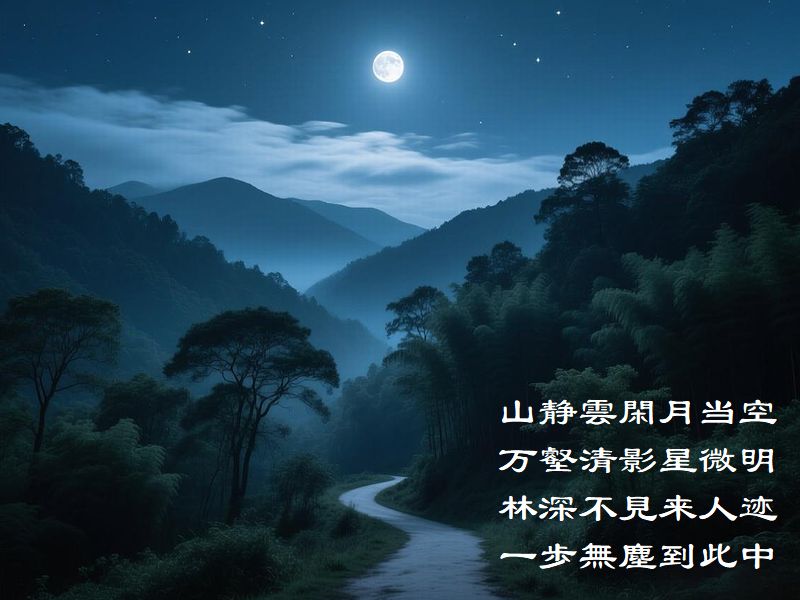 山静雲閑月当空，万壑清影星微明，林深不見来人迹，一歩無塵到此中