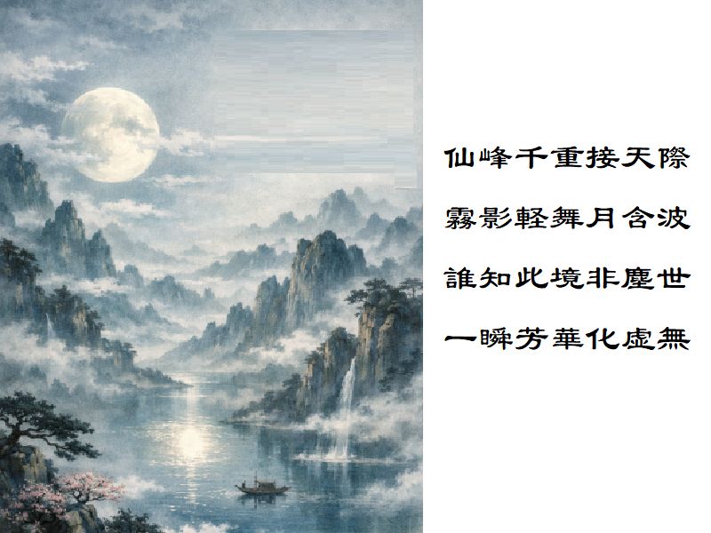 仙峰千重接天際，霧影軽舞月含波，誰知此境非塵世，一瞬芳華化虚無