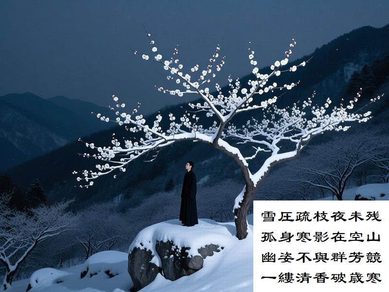 雪圧疏枝夜未残，孤身寒影在空山,幽姿不與群芳競，一縷清香破歳寒