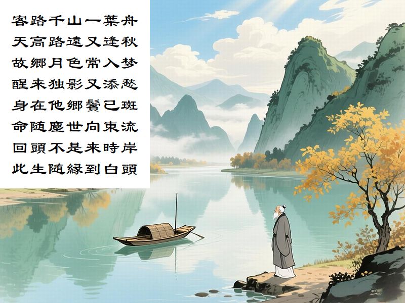 客路千山一葉舟，天高路遠又逢秋，故郷月色常入梦，醒来独影又添愁，身在他郷鬢已斑，命随塵世向東流，回頭不是来時岸，此生随縁到白頭