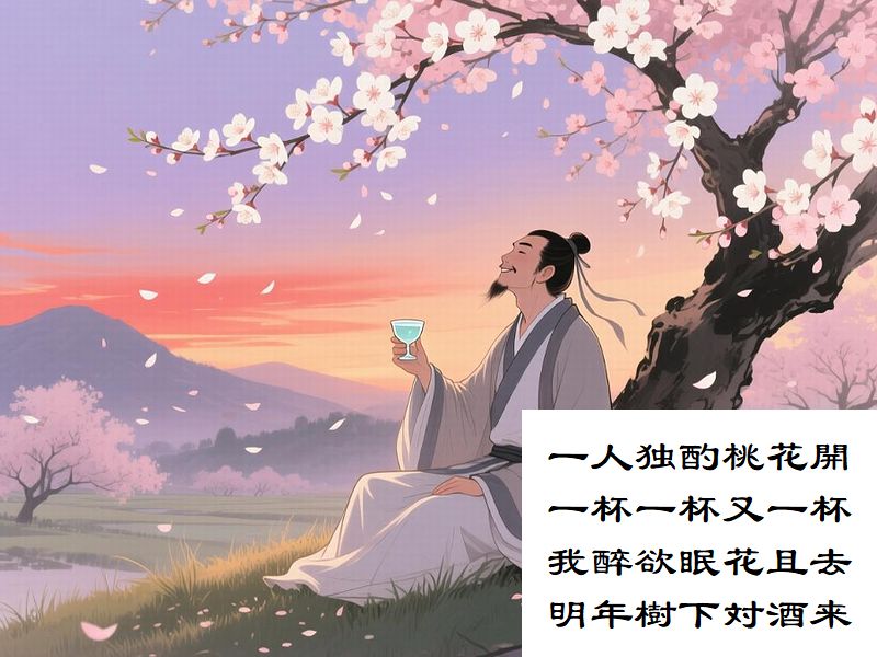 一人独酌桃花開，一杯一杯又一杯，我醉欲眠花且去，明年樹下対酒来