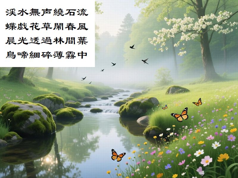 渓水無声繞石流，蝶戯花草閙春風，晨光透過林間葉，鳥啼細碎薄霧中