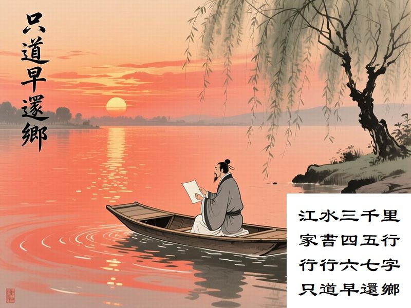 江水三千里，家書四五行，行行六七字，只道早還鄉