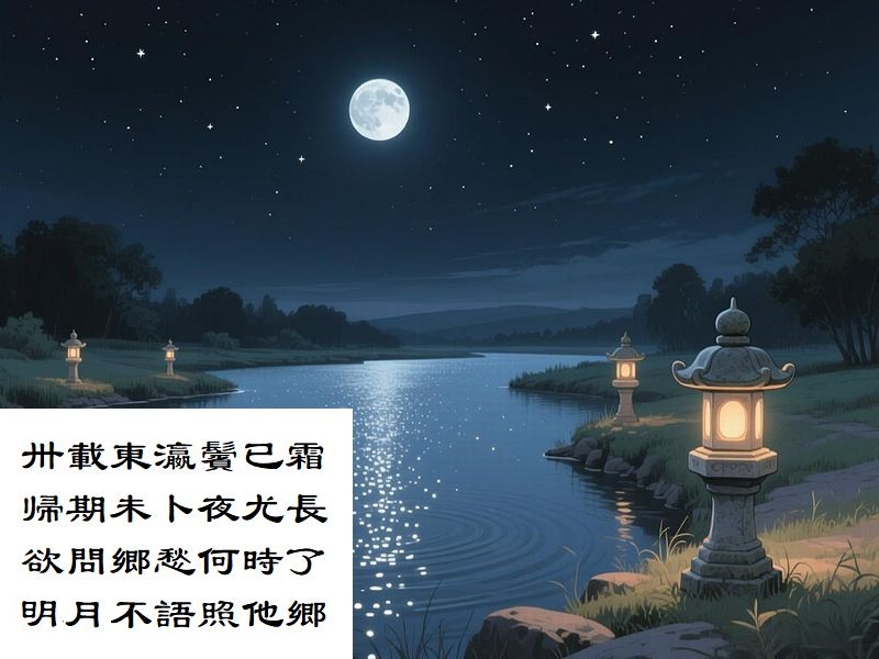 卅載東瀛鬢已霜，帰期未卜夜尤長，欲問郷愁何時了，明月不語照他郷