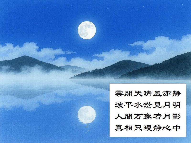 雲開天晴風亦静，波平水澄見月明，人間万象若月影，真相只現静心中