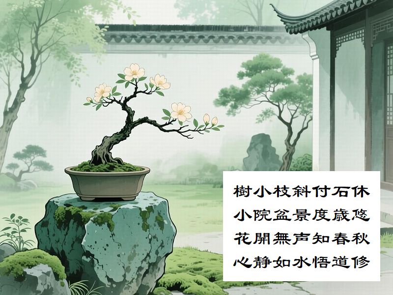 樹小枝斜付石休，小院盆景度歳悠，花開無声知春秋，心静如水悟道修