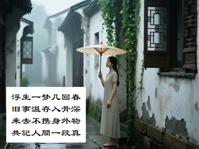 浮生一梦几回春，旧事温存入骨深，来去不携身外物，共記人間一段真