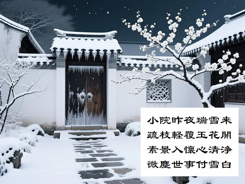 小院昨夜瑞雪来，疏枝軽覆玉花開，素景入懐心清浄，微塵世事付雪白