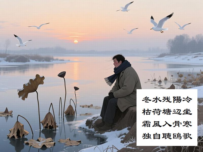 冬水残陽冷，枯荷塘辺坐，霜風入骨寒，独自聴鴎歌
