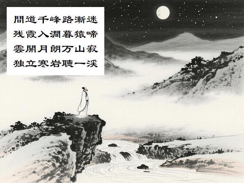 問道千峰路漸迷，残霞入澗暮猿啼，雲開月朗万山寂，独立寒岩聴一渓