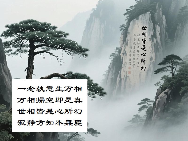 一念執意生万相，万相帰空即是真，世相皆是心所幻，寂静方知本無塵