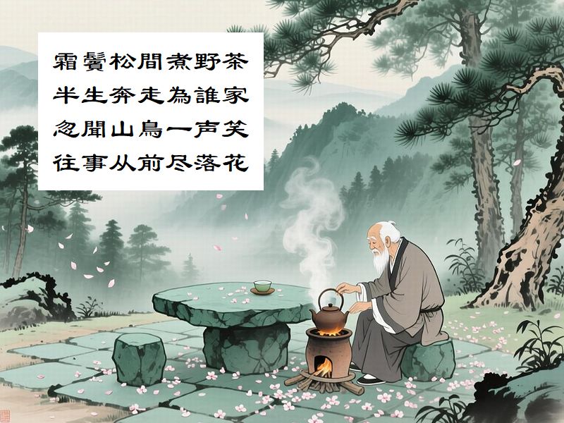 霜鬢松間煮野茶，半生奔走為誰家，忽聞山鳥一声笑，往事从前尽落花
