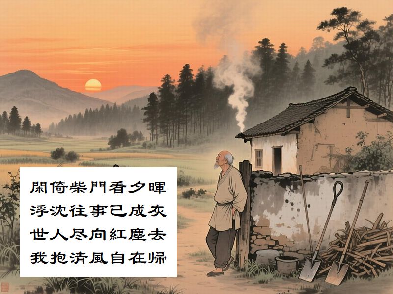 閑倚柴門看夕暉，浮沈往事已成灰，世人尽向紅塵去，我抱清風自在帰