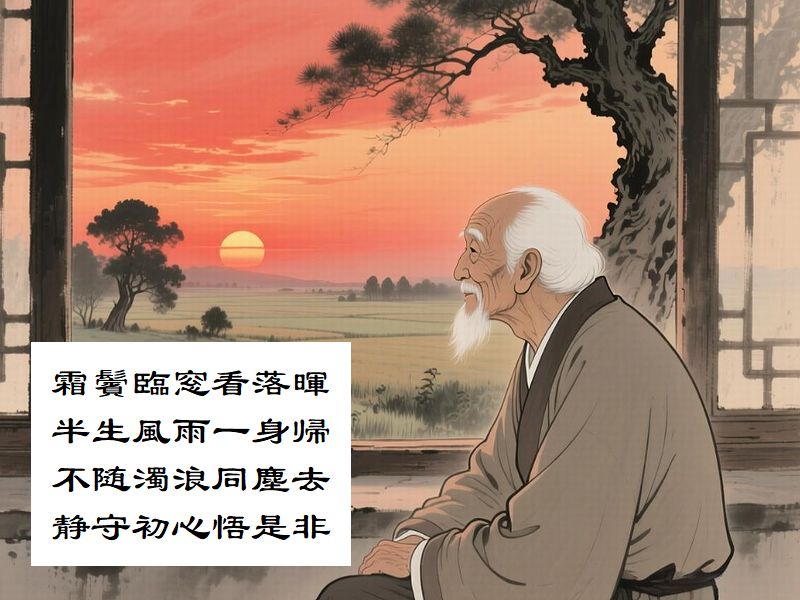 霜鬢臨窓看落暉，半生風雨一身帰，不随濁浪同塵去，静守初心悟是非