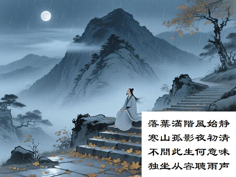 落葉満階風始静，寒山孤影夜初清，不問此生何意味，独坐从容聴雨声