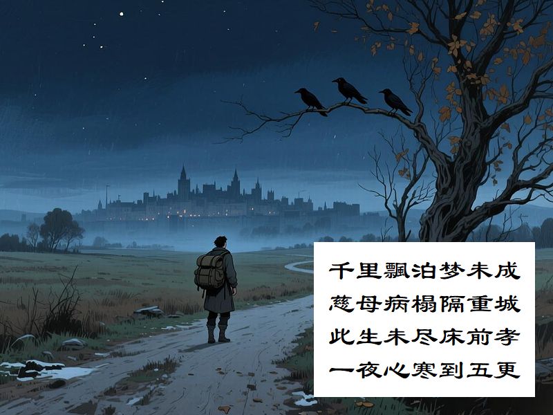 千里飄泊梦未成，慈母病榻隔重城，此生未尽床前孝，一夜心寒到五更