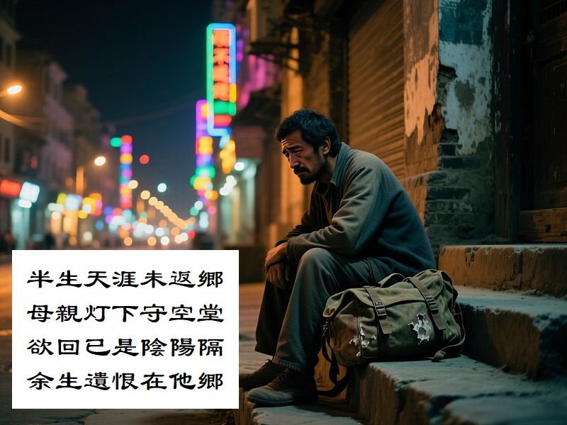 半生天涯未返郷，母親灯下守空堂，欲回已是陰陽隔，余生遺恨在他郷