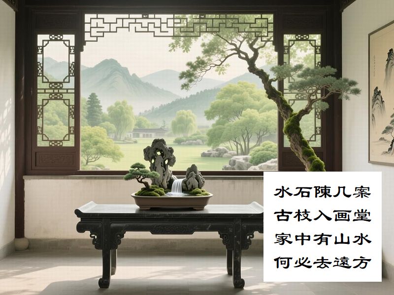 水石陳几案，古枝入画堂，家中有山水，何必去遠方