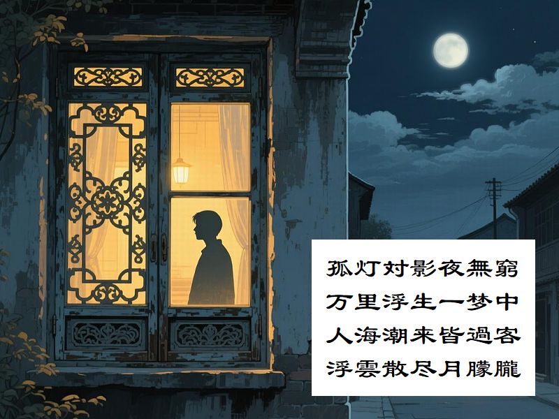 孤灯対影夜無窮，万里浮生一梦中，人海潮来皆過客，浮雲散尽月朦朧