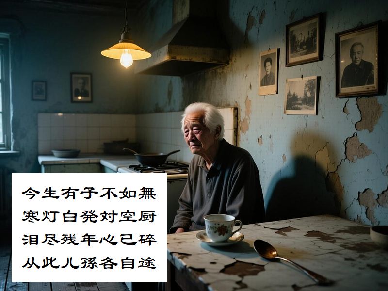 今生有子不如無，寒灯白発対空厨，泪尽残年心已碎，从此儿孫各自途