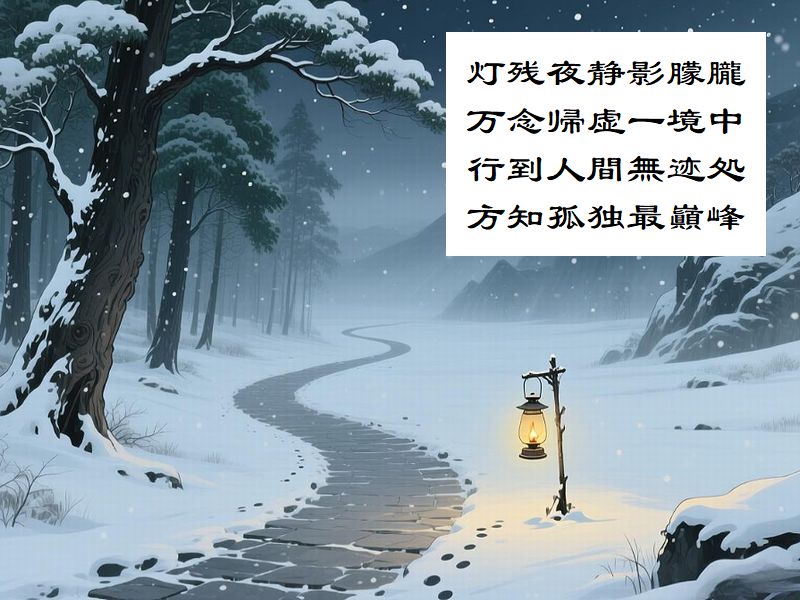 灯残夜静影朦朧，万念帰虚一境中，行到人間無迹処，方知孤独最巓峰