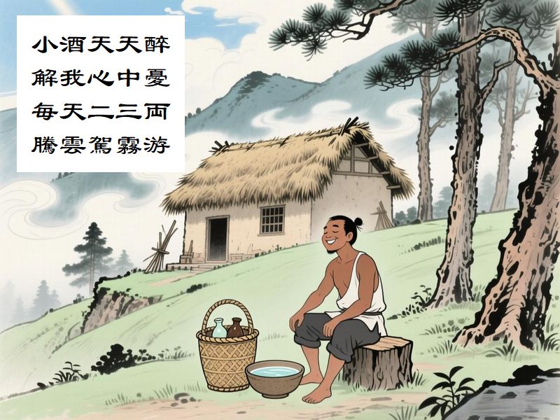 小酒天天醉，解我心中憂，毎天二三両，騰雲駕霧游