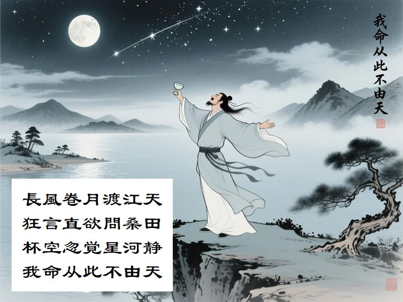長風巻月渡江天，狂言直欲問桑田，杯空忽覚星河静，我命从此不由天