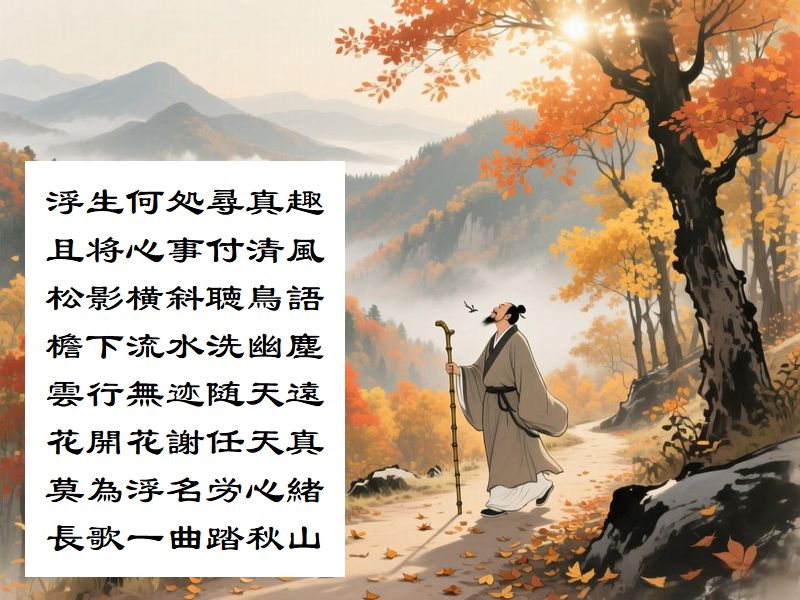 浮生何処尋真趣，且将心事付清風，松影横斜聴鳥語，檐下流水洗幽塵，雲行無迹随天遠，花開花謝任天真，莫為浮名労心緒，長歌一曲踏秋山